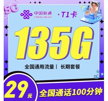 联通T1卡29元135G+100分钟